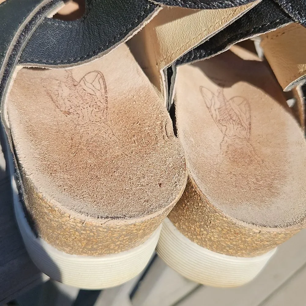 FLY London Black Leather Wedge Sandals Size 39